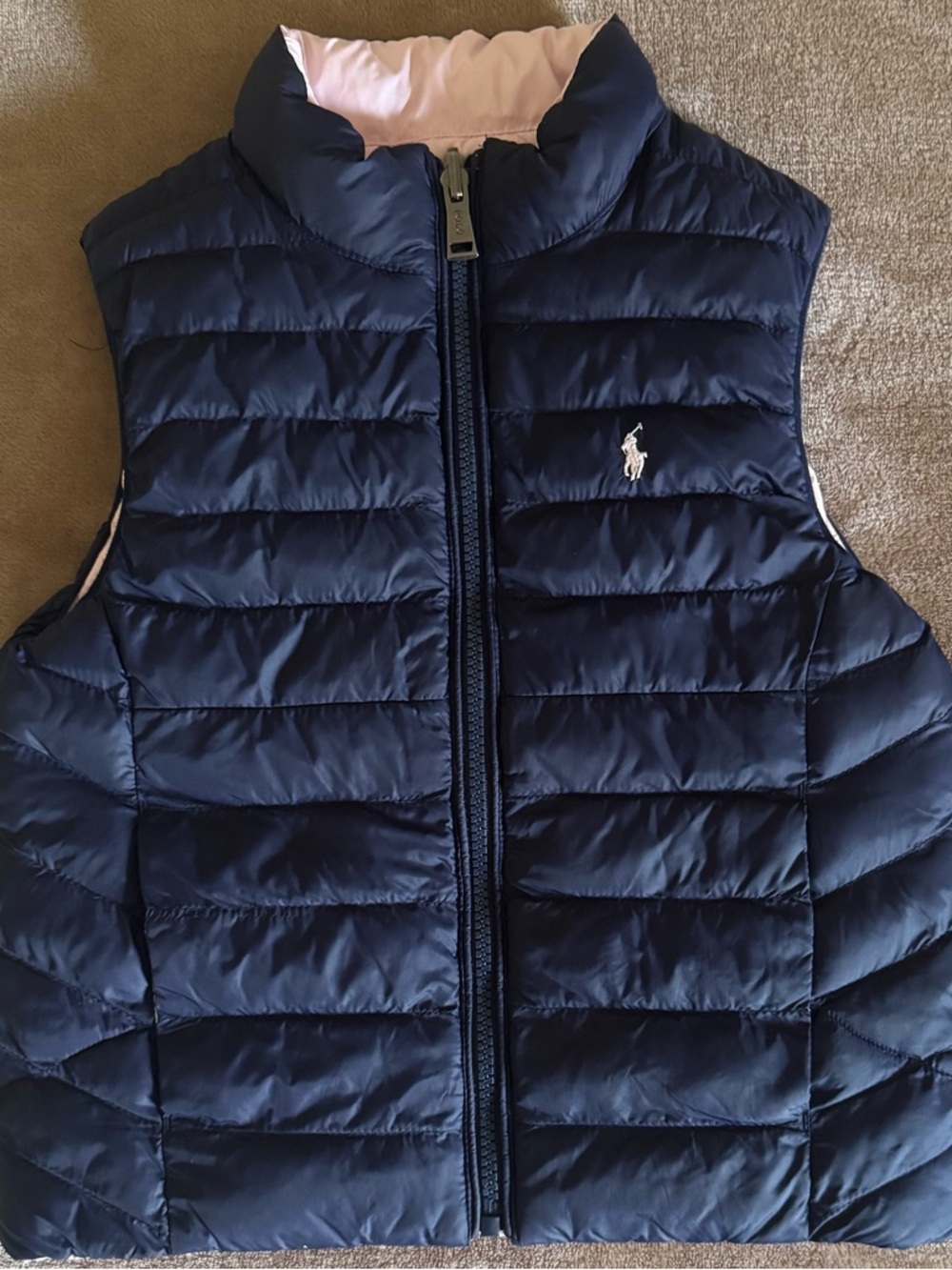 Ralph Lauren Girls' Navy Quilted Puffer Vest with Pink Lining